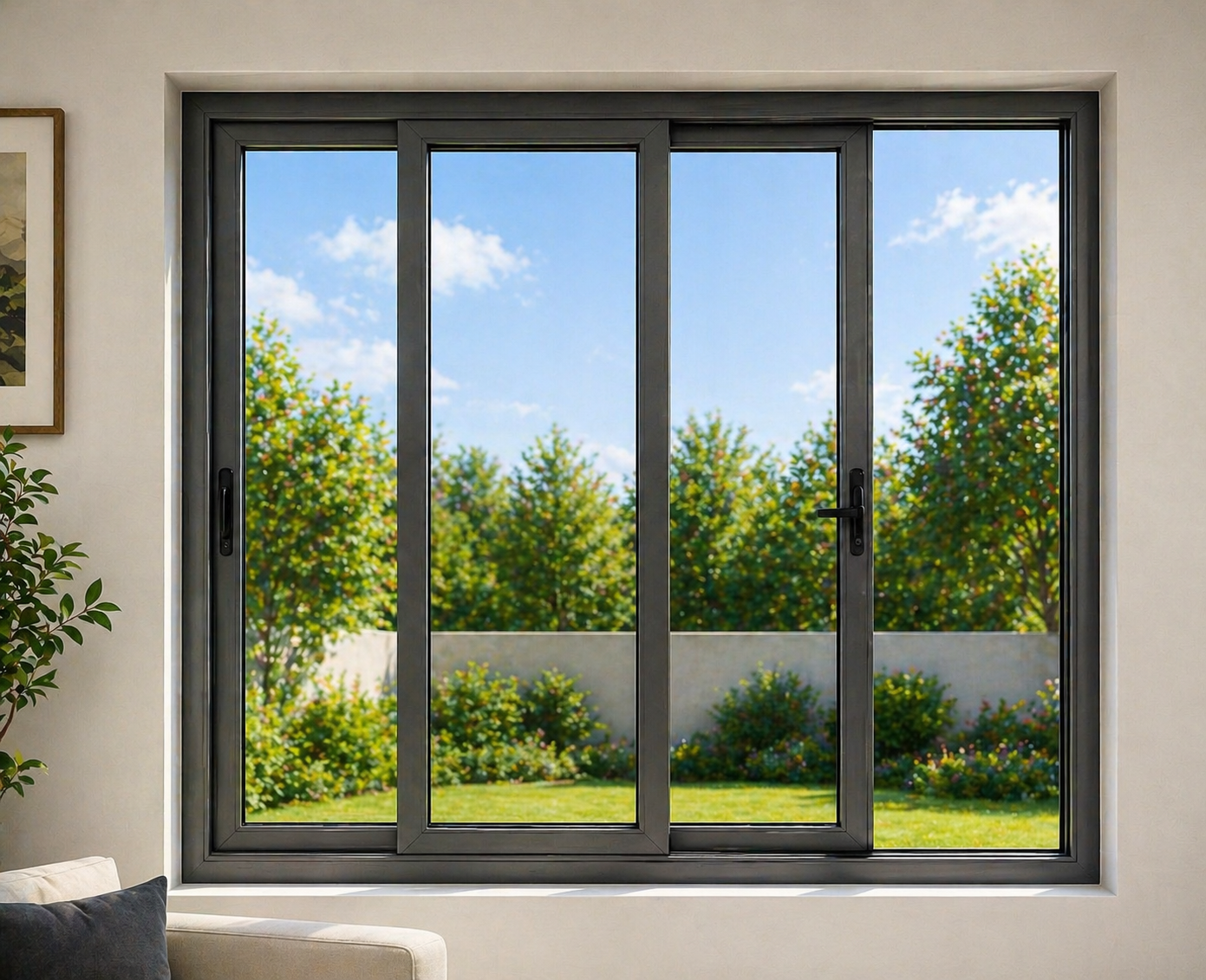 Premium aluminium sliding windows with precision-engineered tracks and anti-lift security, perfect for apartments and offices in Coimbatore and Tamil Nadu